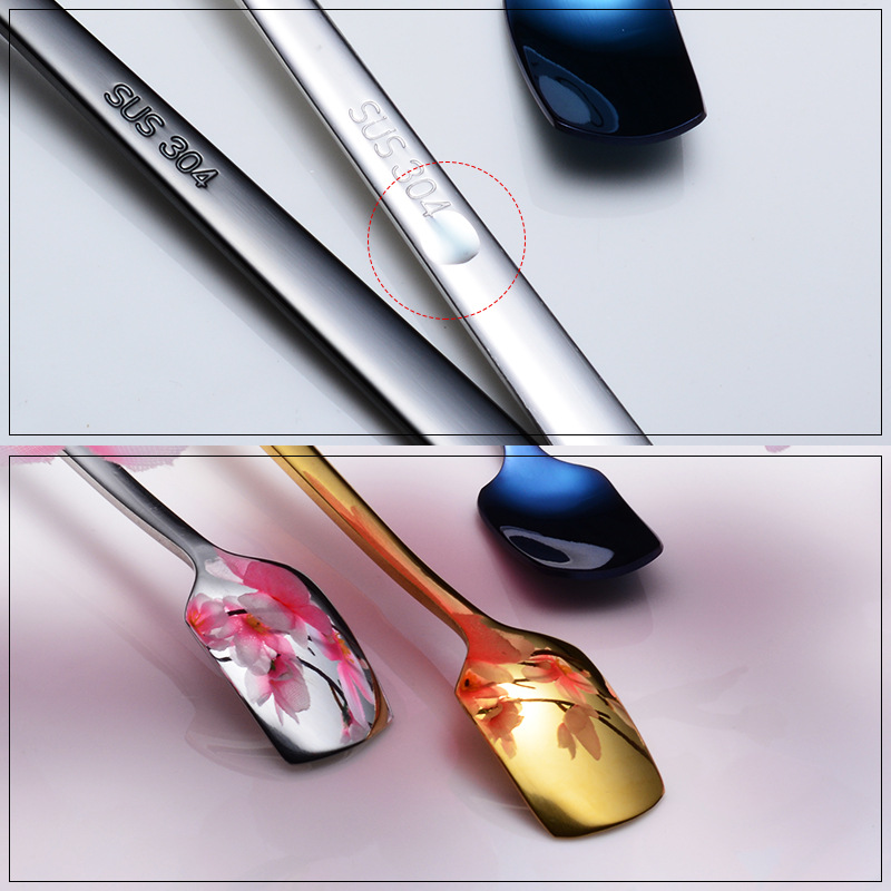 steel lengthened mixing spoon square shape long ice spoon plated titanium PVD colorful dessert shop tableware gifts
