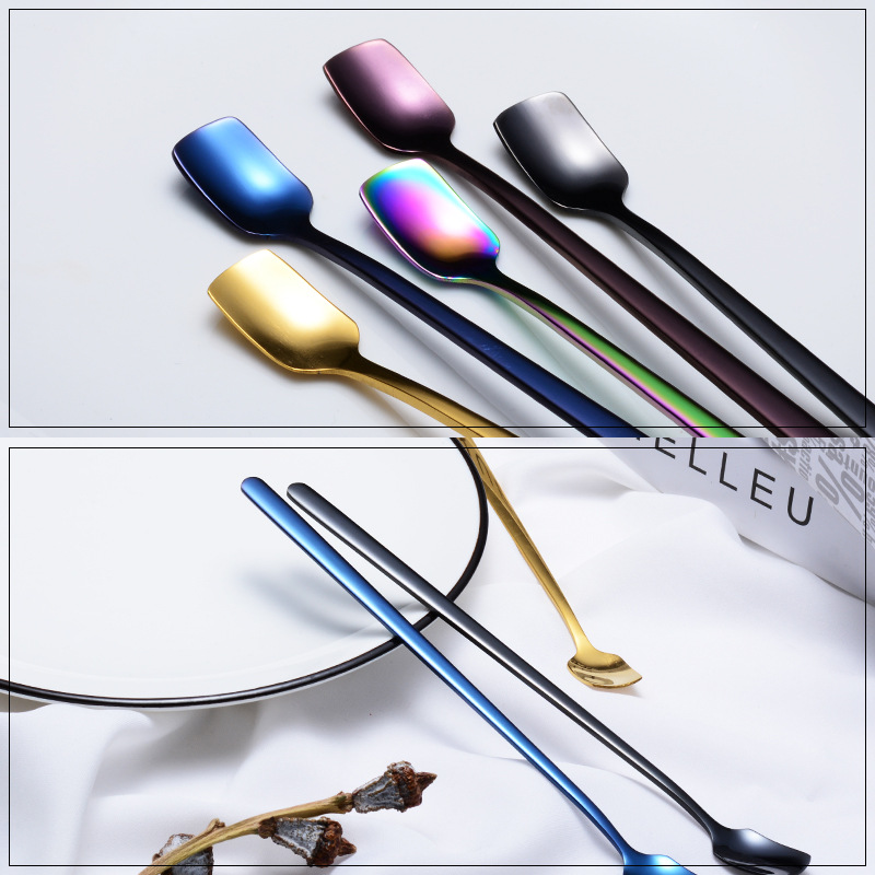 steel lengthened mixing spoon square shape long ice spoon plated titanium PVD colorful dessert shop tableware gifts