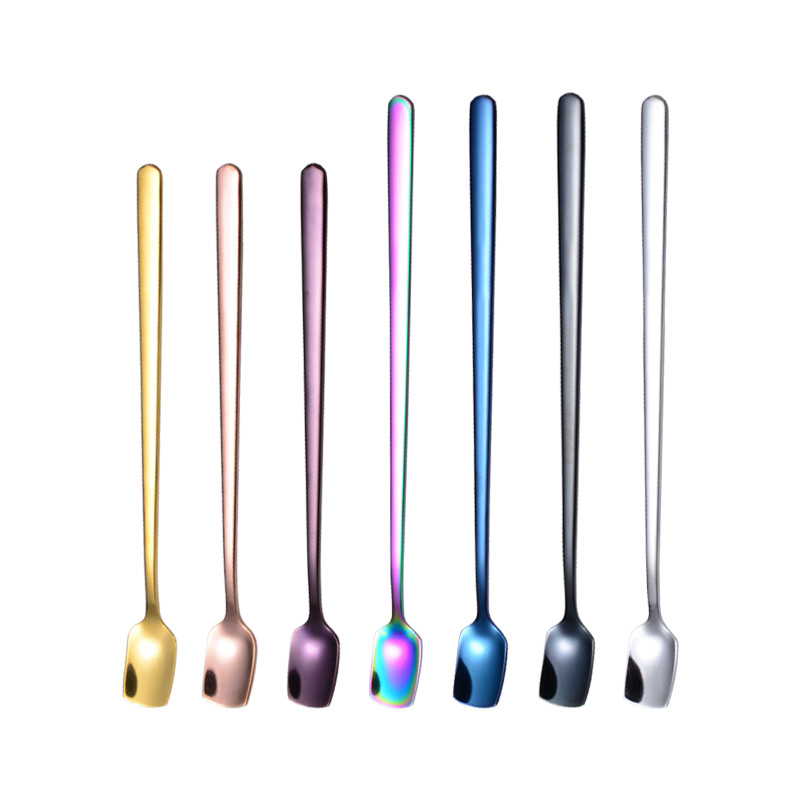 steel lengthened mixing spoon square shape long ice spoon plated titanium PVD colorful dessert shop tableware gifts