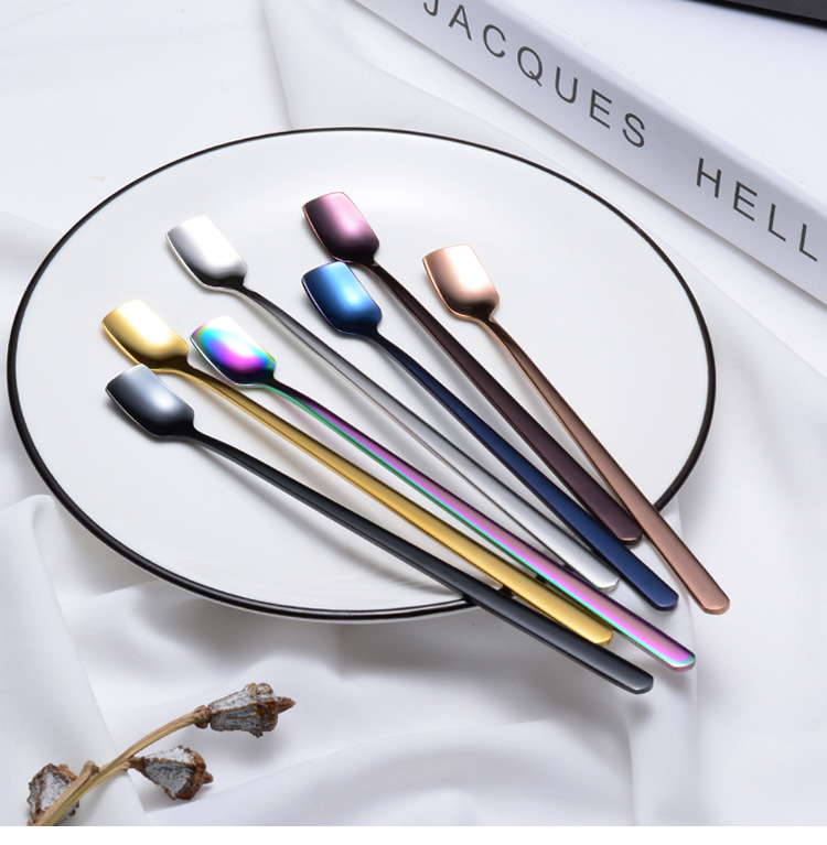steel lengthened mixing spoon square shape long ice spoon plated titanium PVD colorful dessert shop tableware gifts