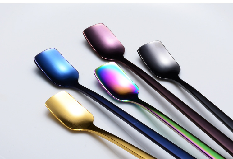 steel lengthened mixing spoon square shape long ice spoon plated titanium PVD colorful dessert shop tableware gifts
