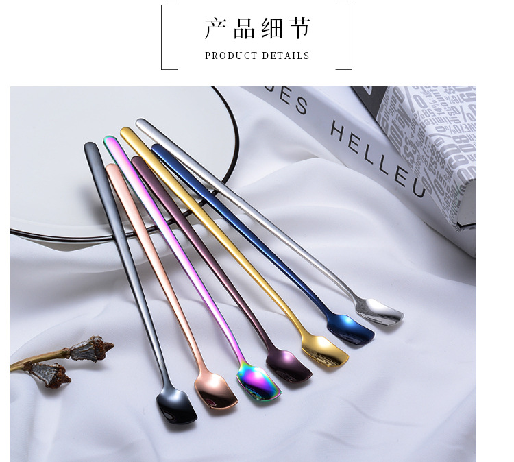 steel lengthened mixing spoon square shape long ice spoon plated titanium PVD colorful dessert shop tableware gifts