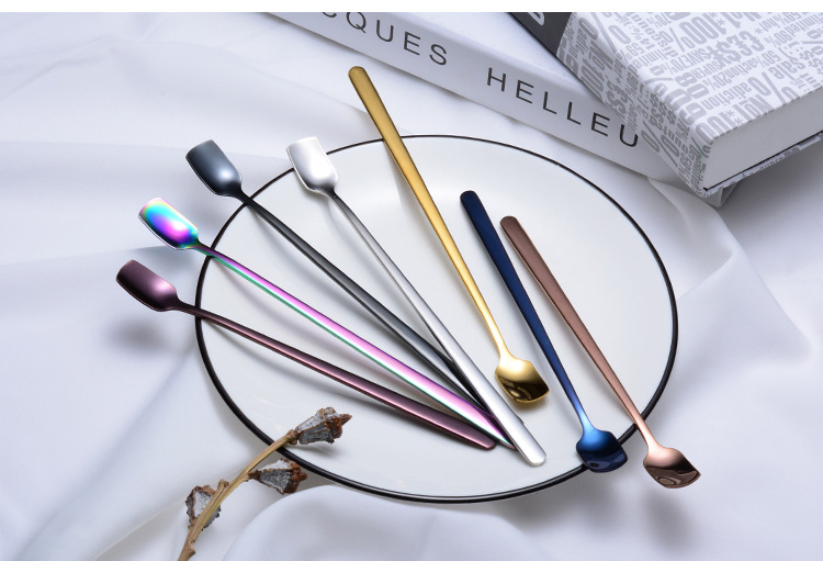 steel lengthened mixing spoon square shape long ice spoon plated titanium PVD colorful dessert shop tableware gifts