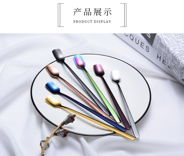steel lengthened mixing spoon square shape long ice spoon plated titanium PVD colorful dessert shop tableware gifts