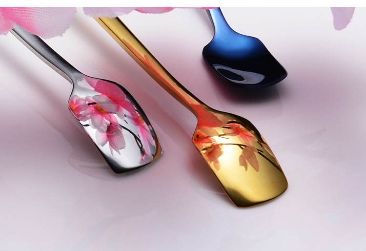 steel lengthened mixing spoon square shape long ice spoon plated titanium PVD colorful dessert shop tableware gifts