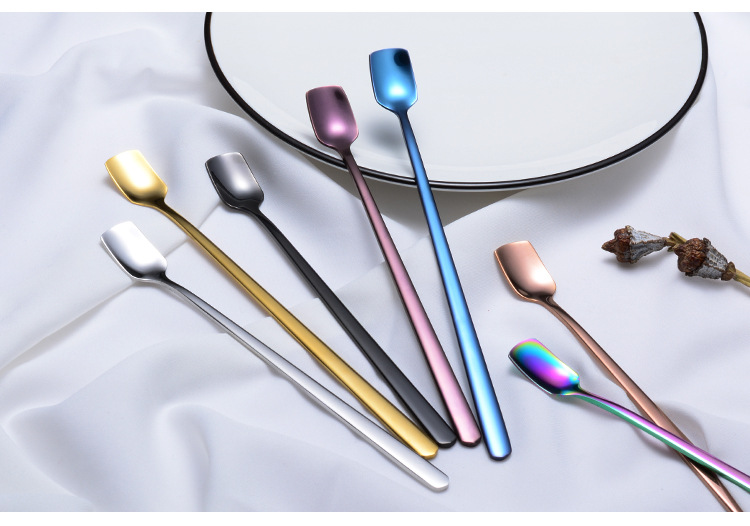 steel lengthened mixing spoon square shape long ice spoon plated titanium PVD colorful dessert shop tableware gifts