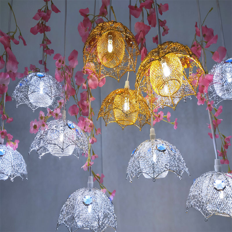 Wedding Lighting Props Golden Love Umbrella Chandelier Lighting Wedding Hall Stage Ceiling Layout Luminous Ornaments