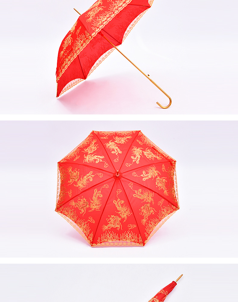 Creative Red New Style Bride Umbrella Dragon And Phoenix Big Lace Wedding Red Umbrella Straight Lace Cover Gift Umbrella Factory Customization Creative Red New Style Bride Umbrella Dragon And Phoenix Big Lace Wedding Red Umbrella Straight Lace Cover Gift Umbrella Factory Customization