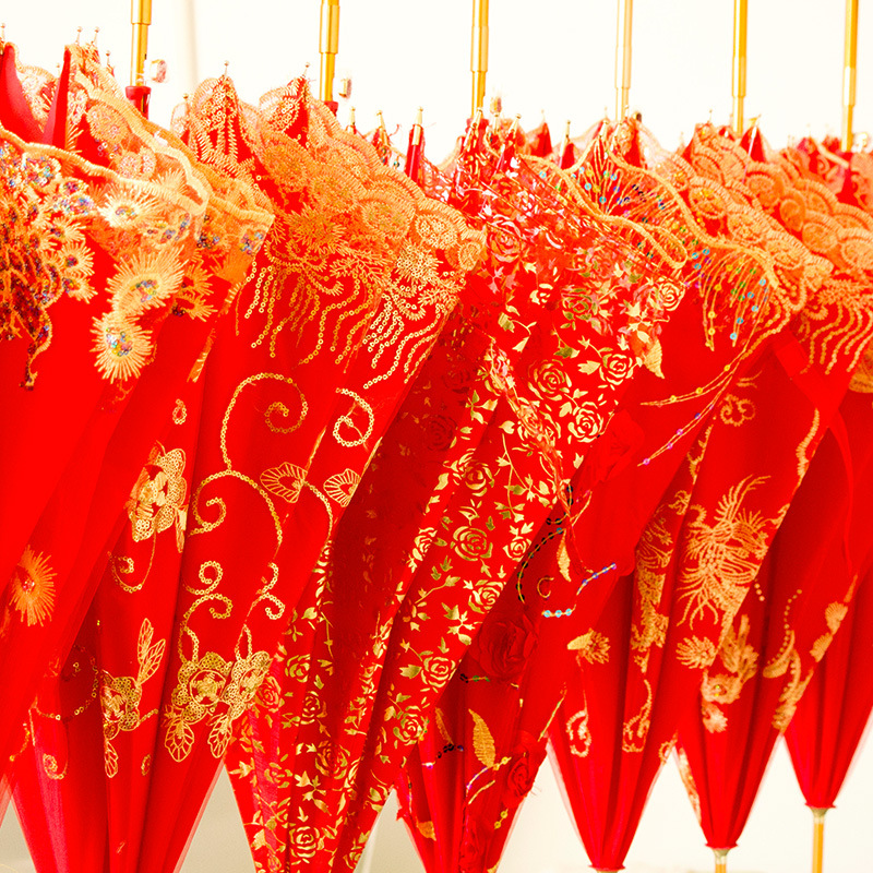 Red Umbrella Wedding Bride Umbrella Wedding Ceremony High-Grade Lace Embroidered Red Long Handle Festive Umbrella