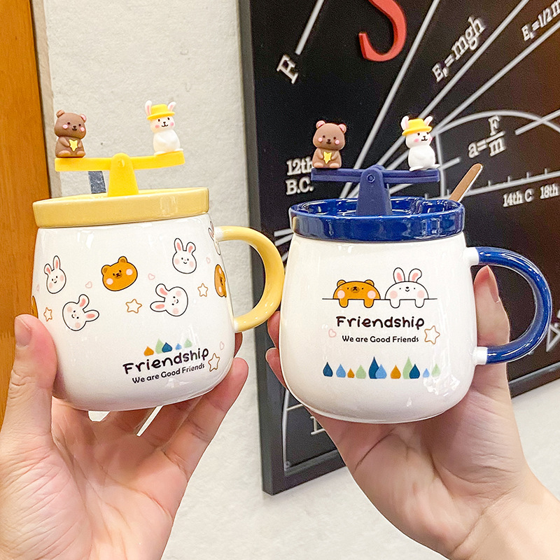 Cute Girl Cartoon Bear Rabbit Ceramic Cup Creative Fun Seesaw Mug Breakfast Student Cartoon Drinking Cup