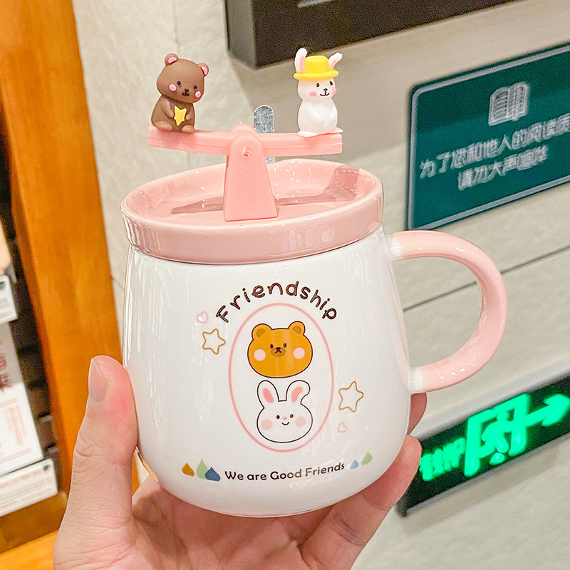 Cute Girl Cartoon Bear Rabbit Ceramic Cup Creative Fun Seesaw Mug Breakfast Student Cartoon Drinking Cup