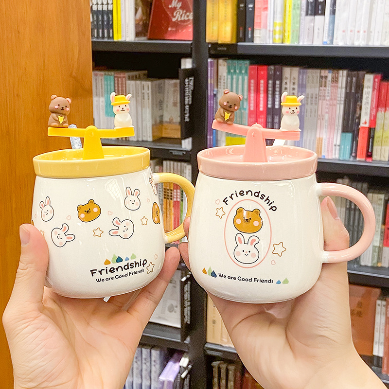 Cute Girl Cartoon Bear Rabbit Ceramic Cup Creative Fun Seesaw Mug Breakfast Student Cartoon Drinking Cup