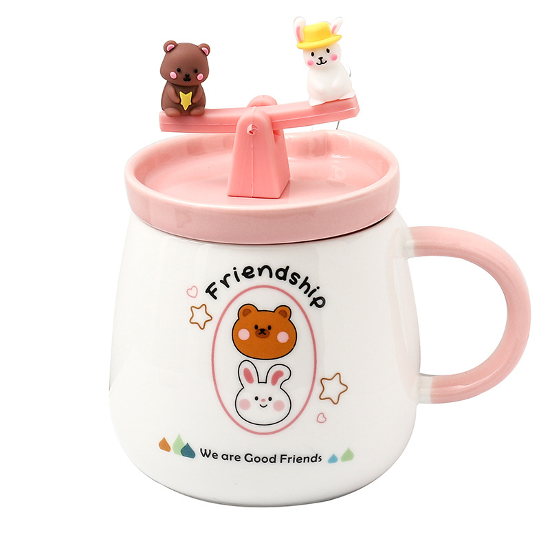 Cute Girl Cartoon Bear Rabbit Ceramic Cup Creative Fun Seesaw Mug Breakfast Student Cartoon Drinking Cup