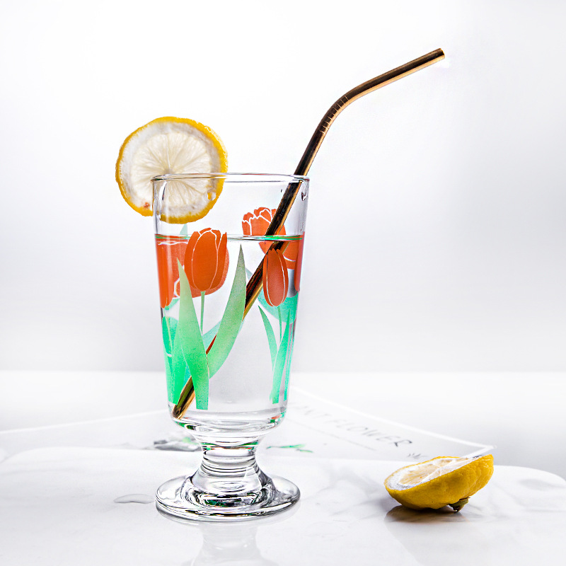 Korean Fashion Ins Daisy Tulip Glass Cup Women&#039;s Goblet Juice Cup Dessert Wine Glass Net Red Wine Cup
