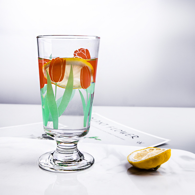 Korean Fashion Ins Daisy Tulip Glass Cup Women&#039;s Goblet Juice Cup Dessert Wine Glass Net Red Wine Cup