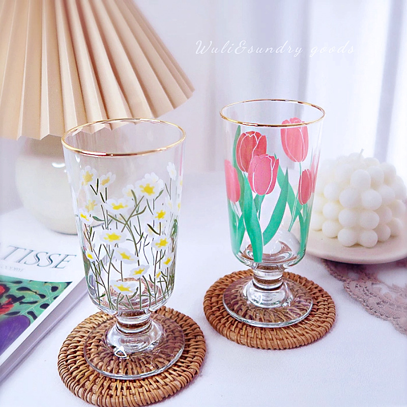Korean Fashion Ins Daisy Tulip Glass Cup Women&#039;s Goblet Juice Cup Dessert Wine Glass Net Red Wine Cup