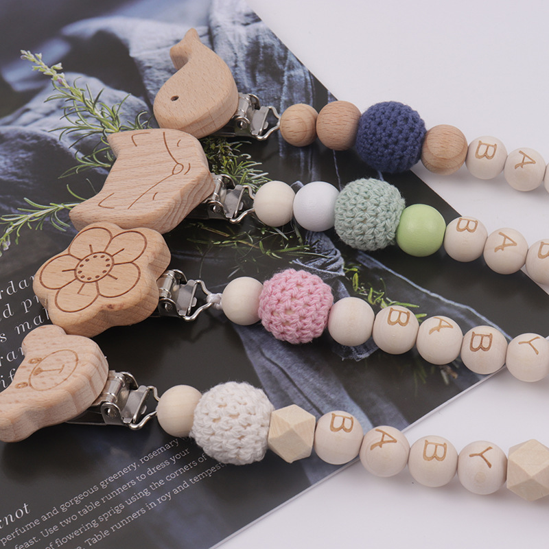 Baby Pacifier Clip Beech Woolen Yarn Ball Wear Baby Comfort Pacifier Clip Baby Baby Wood crafts