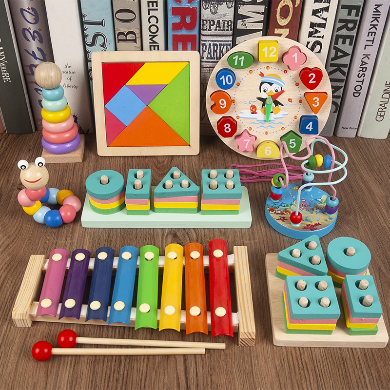 Infant Children&#039;s Toys Beaded Beads Sets of Column Building Blocks Percussion Piano Rainbow Tower Toy Worm Package
