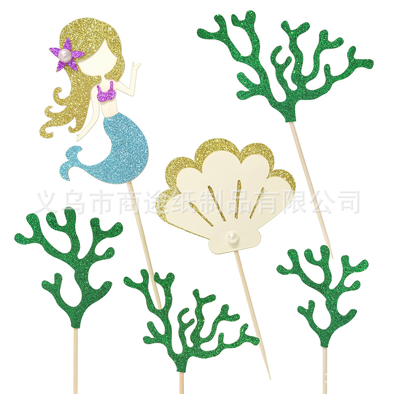 Summer Cake Decoration Creative Mermaid Shell Seaweed Cake Inserting Card Beach Party Cake Toothpick Holder