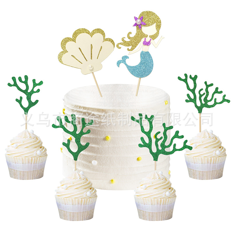 Summer Cake Decoration Creative Mermaid Shell Seaweed Cake Inserting Card Beach Party Cake Toothpick Holder