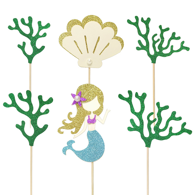 Summer Cake Decoration Creative Mermaid Shell Seaweed Cake Inserting Card Beach Party Cake Toothpick Holder