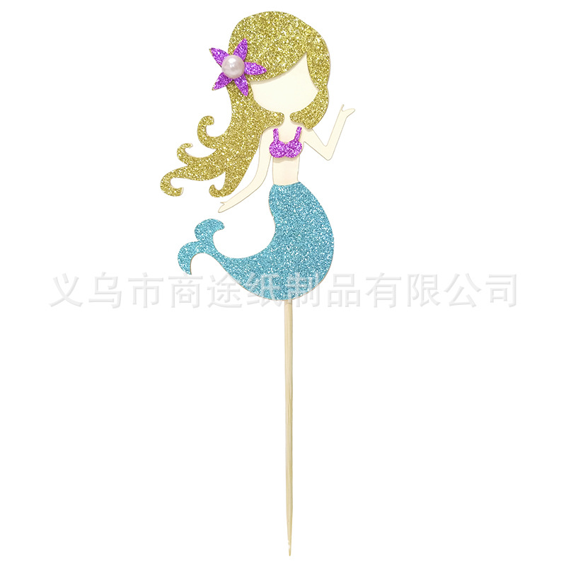 Summer Cake Decoration Creative Mermaid Shell Seaweed Cake Inserting Card Beach Party Cake Toothpick Holder