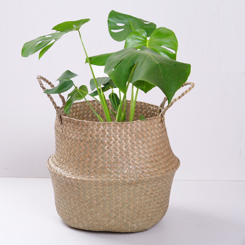 099-112 Series Natural Water Straw Bag Storage Basket Handle Laundry Basket Seaweed Woven Folding Belly Basket