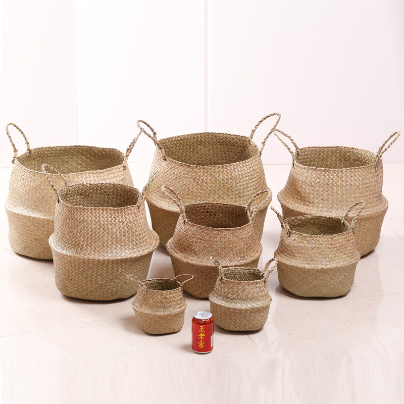 099-112 Series Natural Water Straw Bag Storage Basket Handle Laundry Basket Seaweed Woven Folding Belly Basket