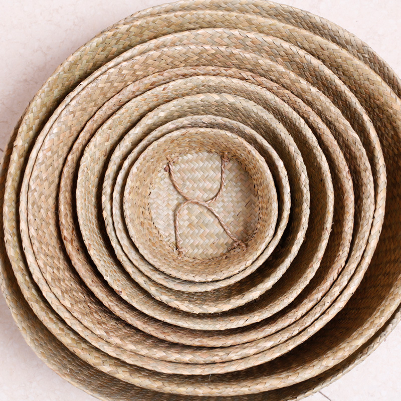 099-112 Series Natural Water Straw Bag Storage Basket Handle Laundry Basket Seaweed Woven Folding Belly Basket
