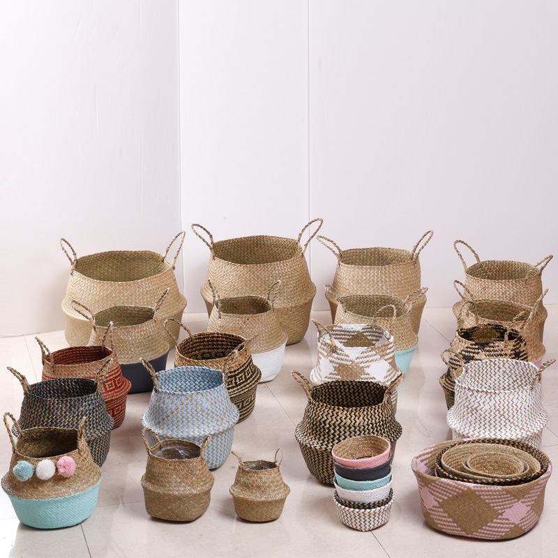 099-112 Series Natural Water Straw Bag Storage Basket Handle Laundry Basket Seaweed Woven Folding Belly Basket