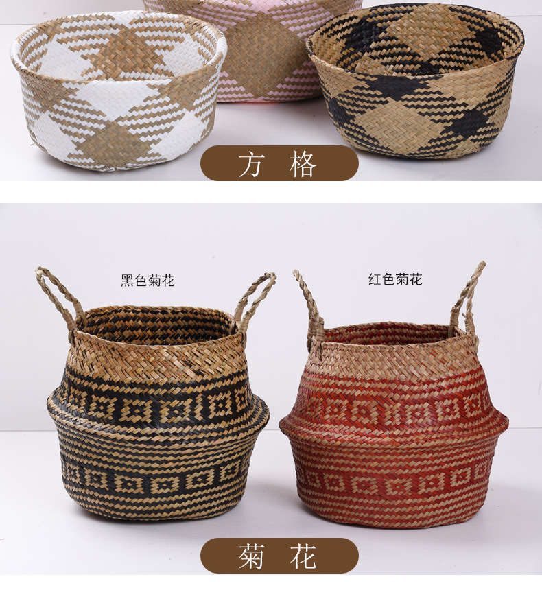 099-112 Series Natural Water Straw Bag Storage Basket Handle Laundry Basket Seaweed Woven Folding Belly Basket