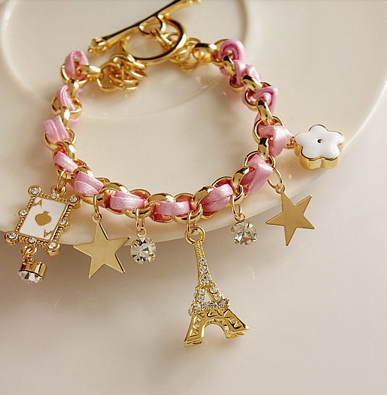 South Korea Imported New Star Flower Poker Peach Heart Leather Rope Eiffel Tower Crystal Bracelet
