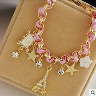 South Korea Imported New Star Flower Poker Peach Heart Leather Rope Eiffel Tower Crystal Bracelet