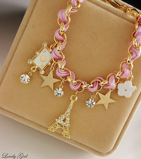 South Korea Imported New Star Flower Poker Peach Heart Leather Rope Eiffel Tower Crystal Bracelet South Korea Imported New Star Flower Poker Peach Heart Leather Rope Eiffel Tower Crystal Bracelet