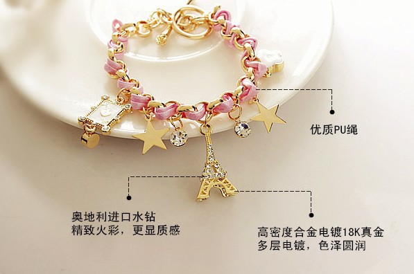 South Korea Imported New Star Flower Poker Peach Heart Leather Rope Eiffel Tower Crystal Bracelet South Korea Imported New Star Flower Poker Peach Heart Leather Rope Eiffel Tower Crystal Bracelet