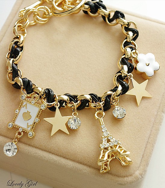 South Korea Imported New Star Flower Poker Peach Heart Leather Rope Eiffel Tower Crystal Bracelet South Korea Imported New Star Flower Poker Peach Heart Leather Rope Eiffel Tower Crystal Bracelet