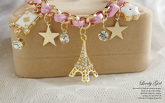 South Korea Imported New Star Flower Poker Peach Heart Leather Rope Eiffel Tower Crystal Bracelet South Korea Imported New Star Flower Poker Peach Heart Leather Rope Eiffel Tower Crystal Bracelet