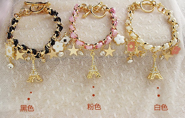 South Korea Imported New Star Flower Poker Peach Heart Leather Rope Eiffel Tower Crystal Bracelet South Korea Imported New Star Flower Poker Peach Heart Leather Rope Eiffel Tower Crystal Bracelet