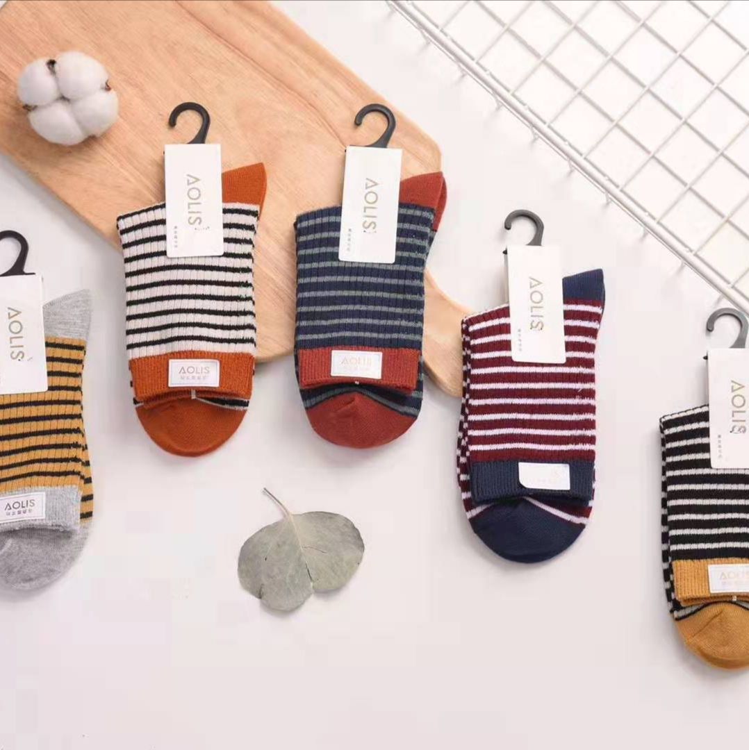 Imported double needle machine socks contrast color stripe stockings combed cotton double needle stockings