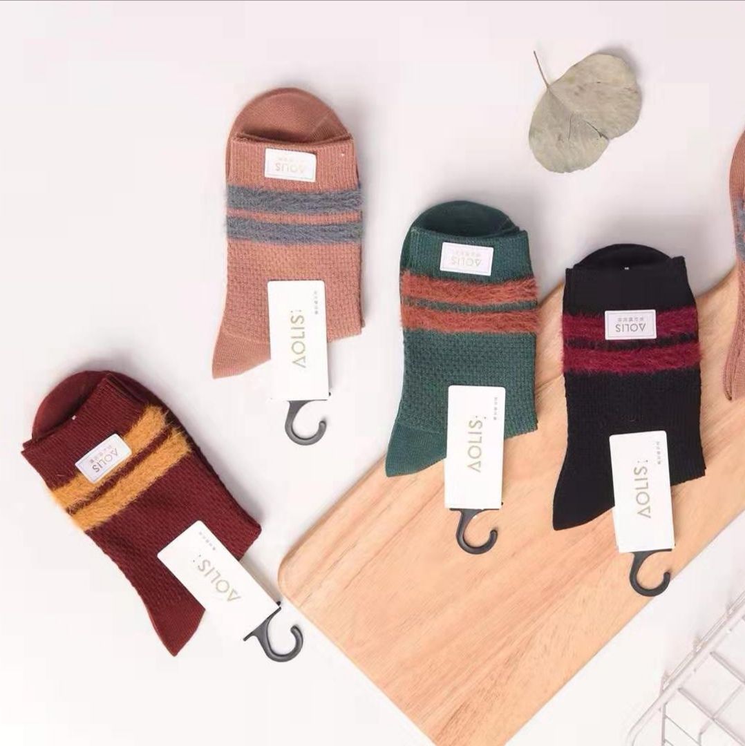 Imported double needle machine socks contrast color stripe stockings combed cotton double needle stockings