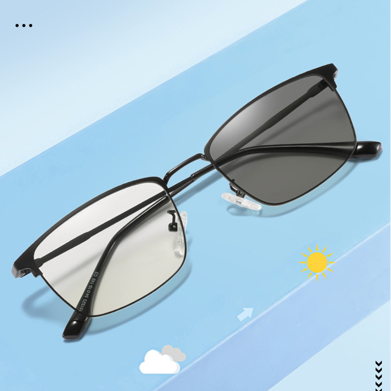 Metal Eyebrow Half-Rim Glasses Frame Smart Photochromic Anti Blue-Ray Glasses Men&#039;s HD UV Protection Fishing