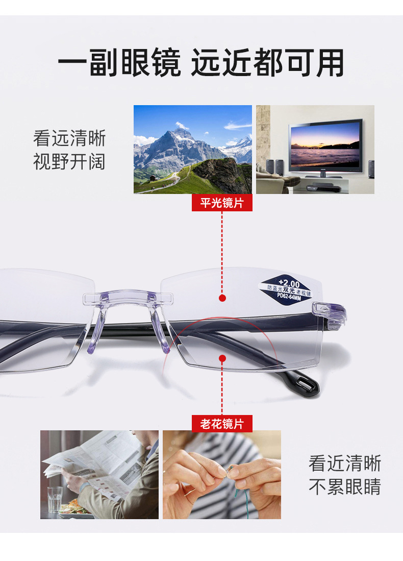 2021year Smart Zoom Anti-Blue Light Frameless Trimming Stall Goods Dual-Purpose Dual-Light Presbyopic Glasses
