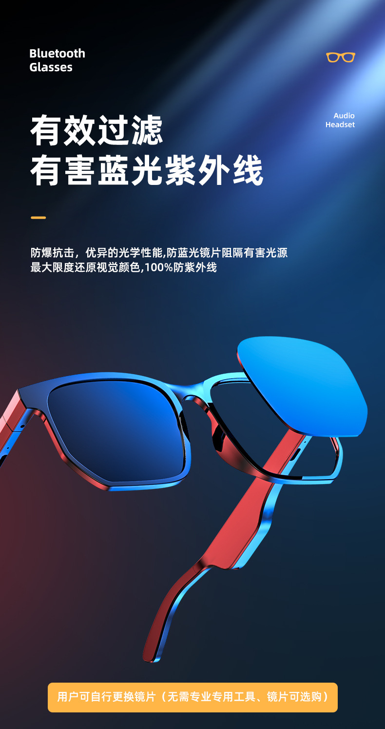 Anti-Blue Ray Headset 5.0 Audio Wireless Sports Waterproof Running Smart Bluetooth Glasses Headset Jie Li