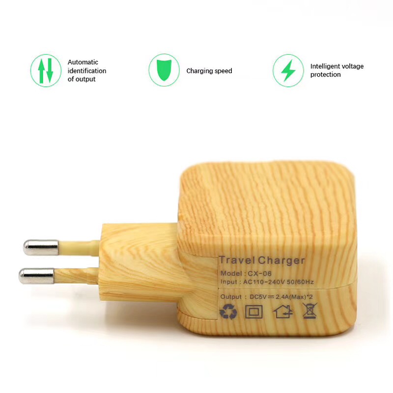 2.1A mobile phone charging head dual USB European standard charger private mold wood grain technology 2.1A mobile phone charging head dual USB European standard charger private mold wood grain technology