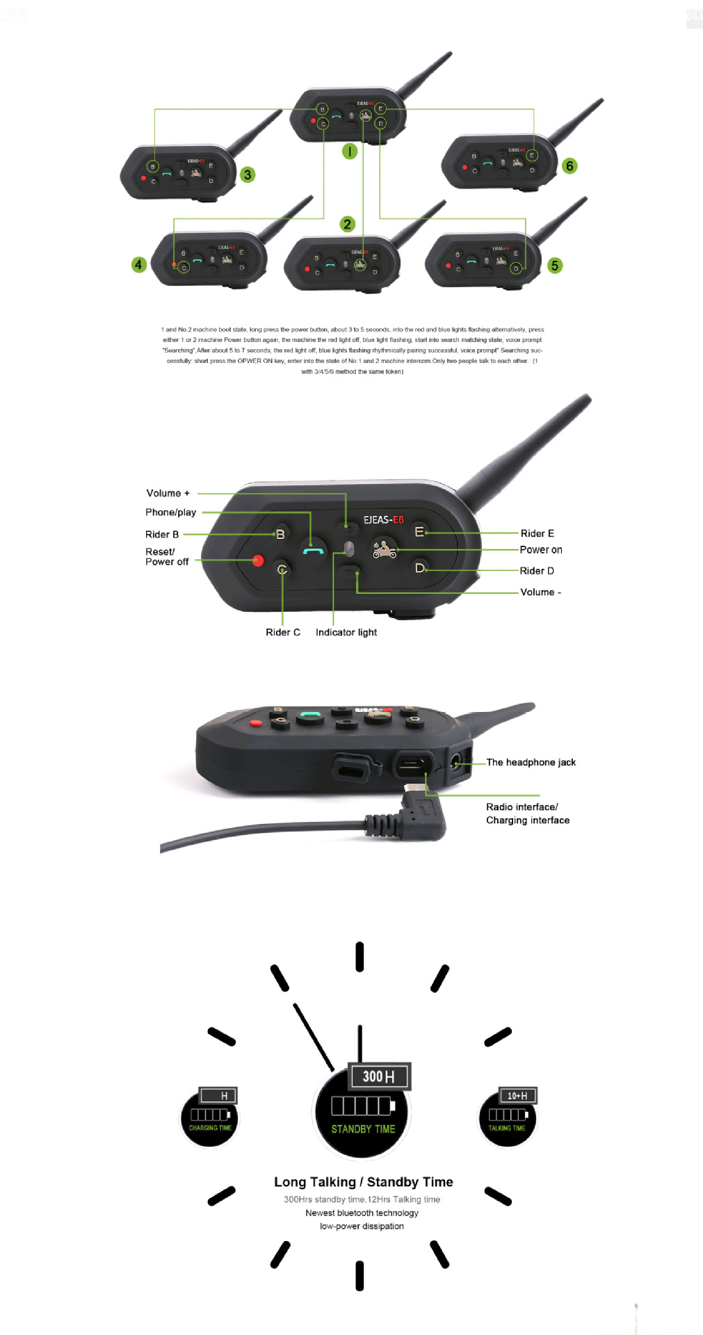 1200 M Helmet Bluetooth Interphone Walkie-Talkie Full Duplex Bluetooth Walkie-Talkie E6