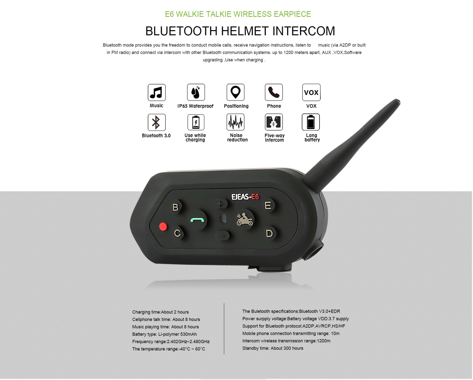 1200 M Helmet Bluetooth Interphone Walkie-Talkie Full Duplex Bluetooth Walkie-Talkie E6