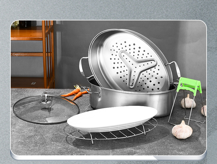 304 Stainless Steel Double Layer Steamed Fish Oval Seafood Steamer Pot Large Household Induction Cooker Universal 304 Stainless Steel Double Layer Steamed Fish Oval Seafood Steamer Pot Large Household Induction Cooker Universal