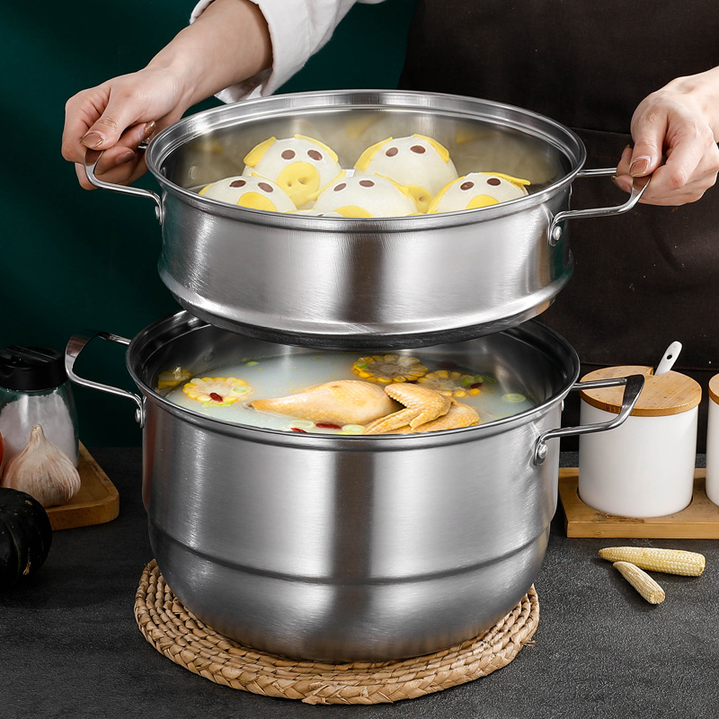 Steel MultiFunctional Double Layer Soup Steam Pot 28cm Double Bottom ThreeLayer Steamer Induction Cooker Gift Pot