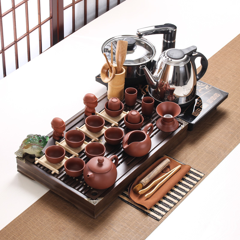 Black Gold Stone Tea Tray Yixing Purple Sand Tea Set Solid Wood Tea Tray FourInOne Induction Cooker Special Gift Whole