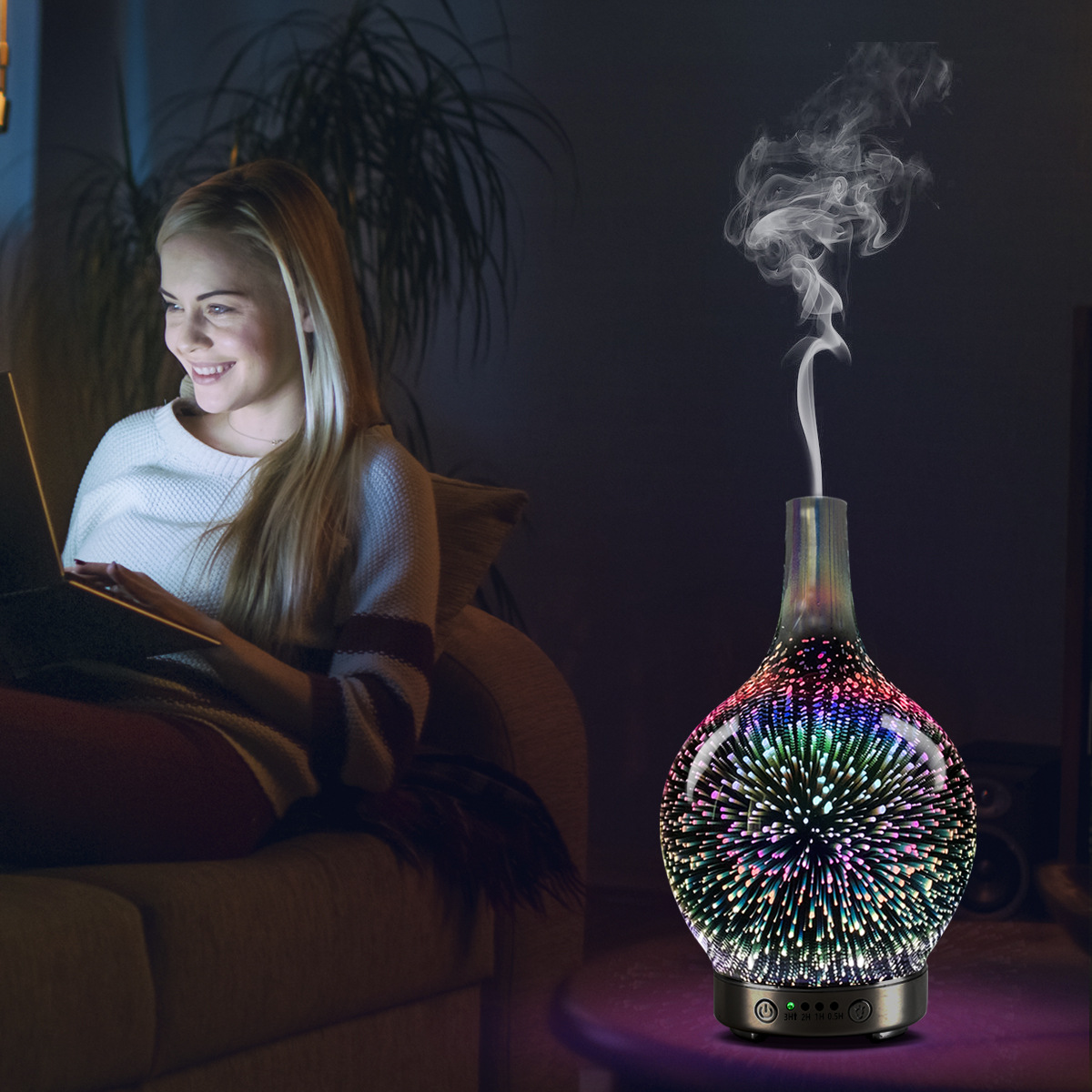 Factory Currently Available 3D Fireworks Glass Aromatherapy Machine Ultrasonic Humidifier 7 Color LED Night Light